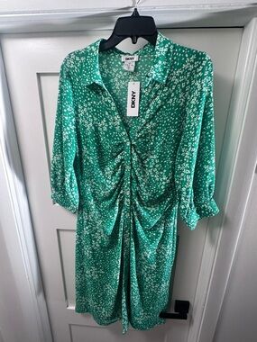 DKNY Green and White Floral Ruched Midi Shirt Dress